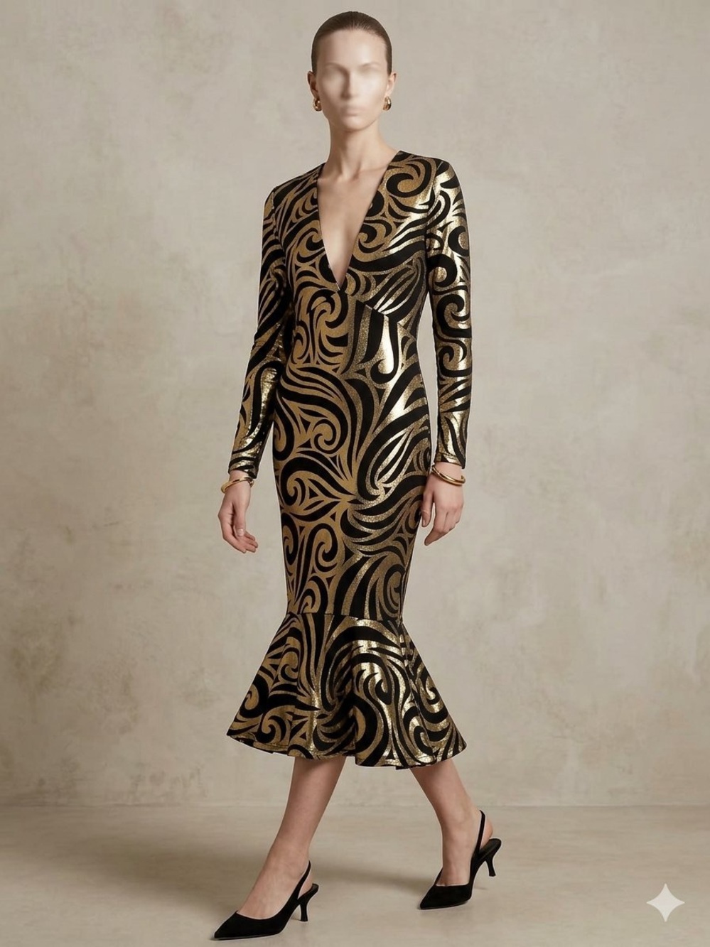Black & Gold Metallic Swirl Long-Sleeve V-Neck Dress